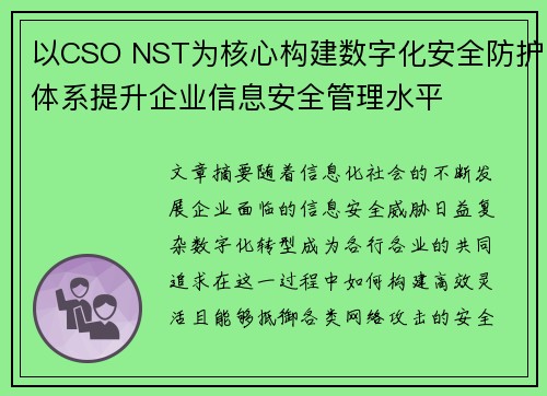 以CSO NST为核心构建数字化安全防护体系提升企业信息安全管理水平